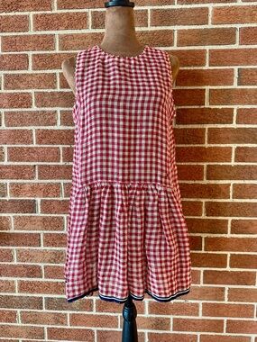 pero Red White Gingham Linen Top, Sleeveless Handmade, Size 38 EU 6 US